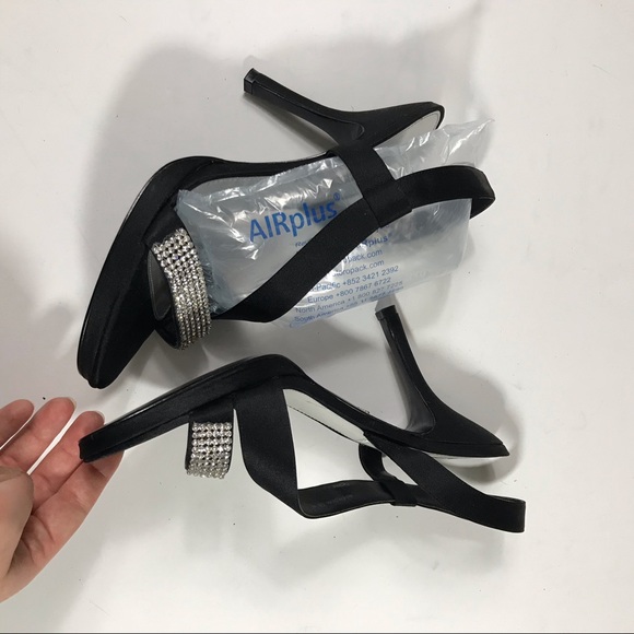 Nina Black Satin + Rhinestone Strappy High Heels - Picture 4 of 13